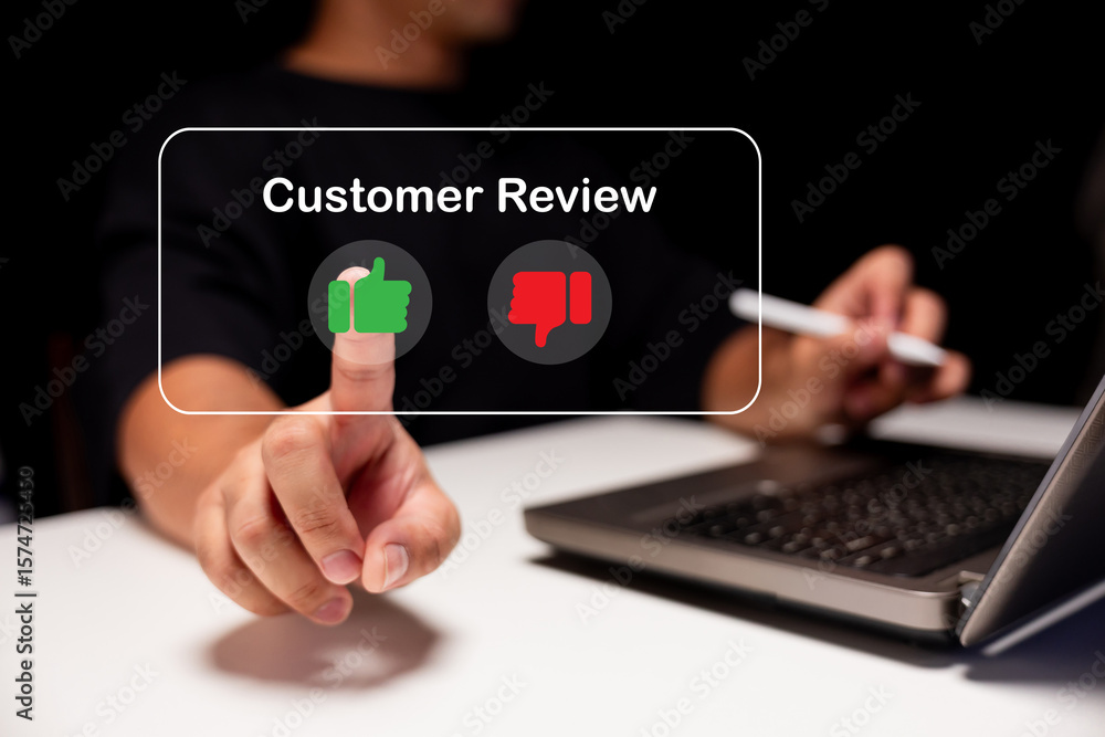 Poster a person interacts with a virtual interface showing thumbs up and thumbs down icons for customer rev