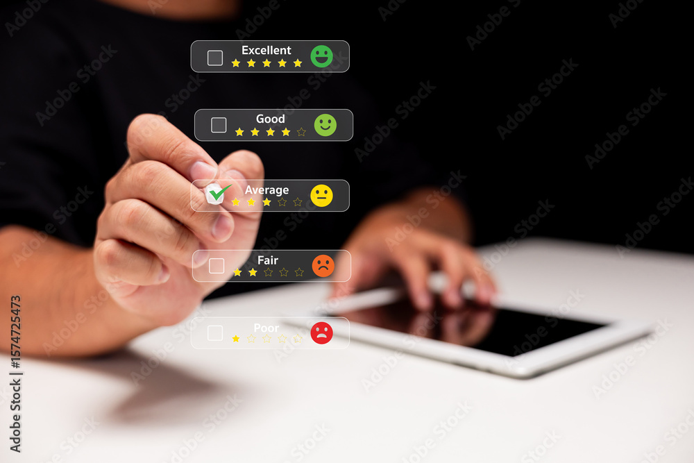 Poster a person interacts with a digital rating interface, selecting 