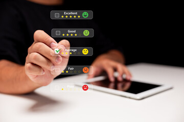 A person interacts with a digital rating interface, selecting 