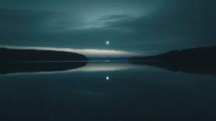 Fototapeta premium Full moon mirroring on tranquil dark lake water at dusk under cloudy sky