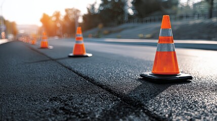 Fresh asphalt road under construction with traffic cones.