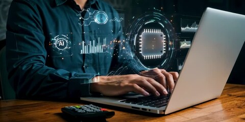 Man using laptop with futuristic AI interface for machine learning, big data analysis, automation, and artificial intelligence innovation in modern digital technology environment. - Powered by Adobe