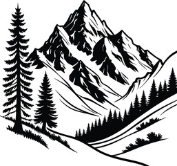 Mountain Road Scene with Trees, Black and White Silhouette