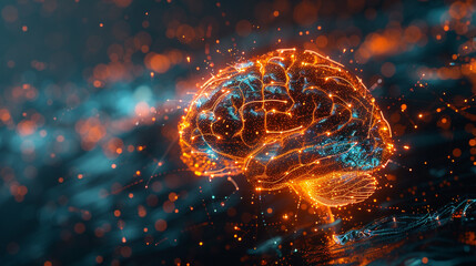 Creative knowledge concept with glowing brain, flowing data, and abstract learning visuals.