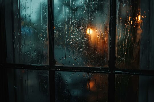 Rain drops flowing down a window pane with blurred city lights in the background, creating a cozy and melancholic atmosphere