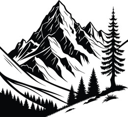 Mountain Road Scene with Trees, Black and White Silhouette