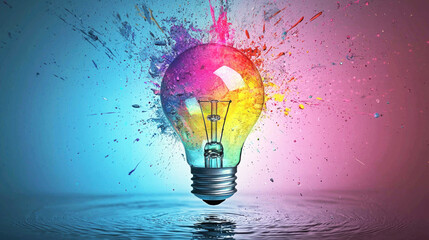 A vibrant light bulb with a colorful, splattered design, floating on water with a gradient background.