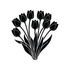 A bunch of tulips with leaves in a minimalist black and white design