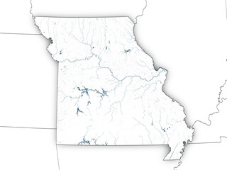 Withe map of Missouri with state borders isolated on transparent background. Contains modified Copernicus Sentinel data 2025.