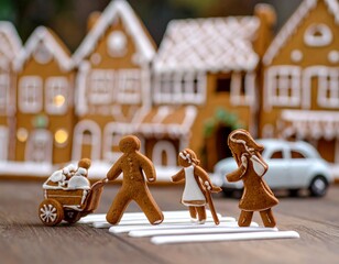 Generated image of a gingerbread village - gingerbread houses in the background, gingerbread people walking on the crosswalk