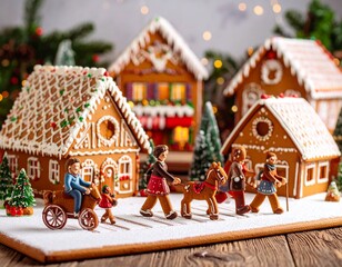 Generated image of a gingerbread village - gingerbread houses in the background, marzipan people walking on the crosswalk