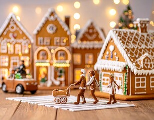 Generated image of a gingerbread village - gingerbread houses in the background, gingerbread people walking on the crosswalk