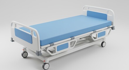 Hospital Bed with Light Blue Mattress on White Background
