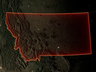 Detailed night map of Montana with red state borders and glowing city lights. Contains modified Copernicus Sentinel data 2025.