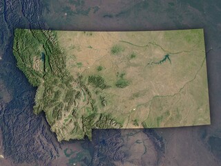 Very detailed night map of Montana with clear state borders and visible cities. Contains modified Copernicus Sentinel data 2025.
