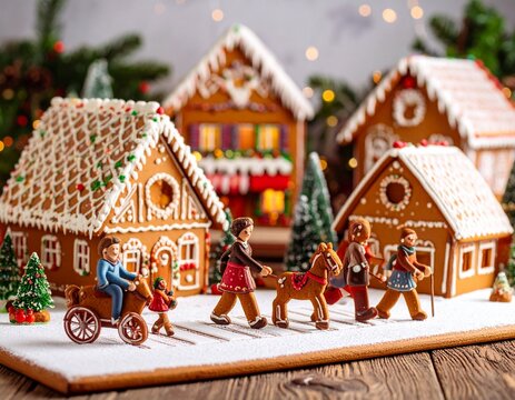 Generated image of a gingerbread village - gingerbread houses in the background, marzipan people walking on the crosswalk