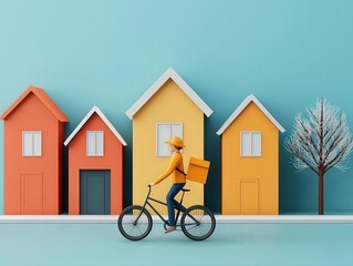 Postal Worker Concept, Detailed 3D mail carrier on bicycle, vibrant neighborhood scene, community connection, sunny day