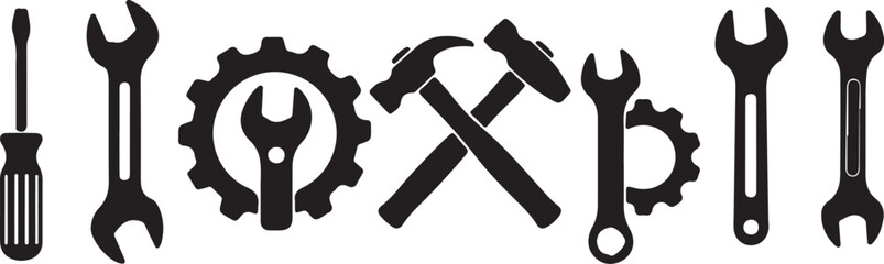 An abstract vector illustration of a black and white flower, industrial hammer, wrench, and other isolated carpentry tools