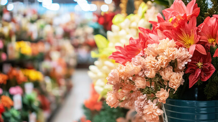 Floral arrangement in a store with a variety of colorful flowers.