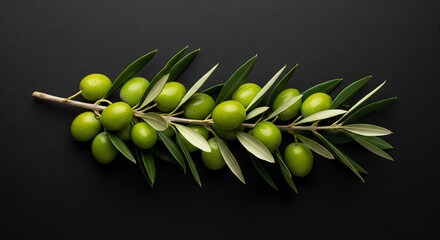 Photo of a closeup view of a fresh green olive branch laden with ripe olives and detailed leaves against a dark, textured background