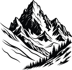 Mountain Road Scene with Trees, Black and White Silhouette