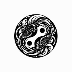 Minimalist Black Vector Logo of Koi Fish and Japanese Wave in Yin Yang Spiral Composition Isolated on White Background