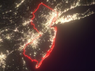 Night map of New Jersey with red state borders and glowing bright city lights. Contains modified Copernicus Sentinel data 2025.
