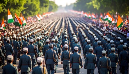 Massive military parade, flags, soldiers