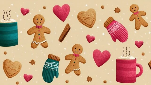 Cozy christmas pattern with gingerbread men, mittens, and hot chocolate