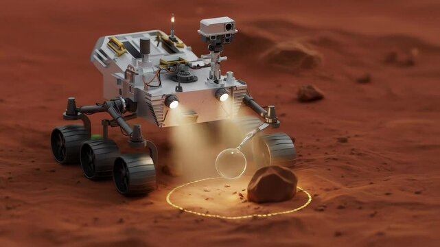 Robotic planetary rover discovering alien life on Mars. Space exploration discovering extraterrestrial creatures footage.