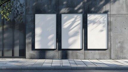 Three blank advertising displays on a modern building facade.