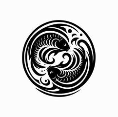 Minimalist Black Vector Logo of Koi Fish and Japanese Wave in Yin Yang Spiral Composition Isolated on White Background