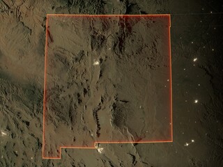 Detailed night map of New Mexico with red state borders and glowing city lights. Contains modified Copernicus Sentinel data 2025.