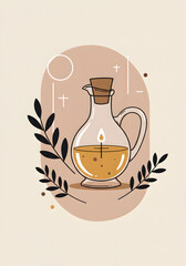Decorative illustration of a glass oil jug with a cork stopper, surrounded by green leaves and abstract shapes, showcasing culinary elegance and natural beauty