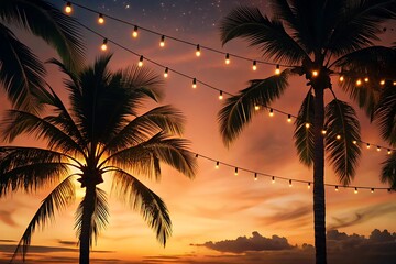 Silhouetted Palm Trees at Sunset with String Lights Tropical Evening Scene