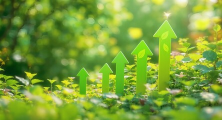 Sustainable Growth Concept with Green Arrows Rising in Nature