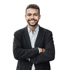 Portrait of handsome smiling young man with folded arms isolated transparent PNG, Joyful cheerful casual businessman with crossed hands studio shot