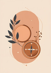 Vintage compass illustration with decorative leaves and abstract shapes, showcasing a harmonious blend of nature and navigation elements in a warm color palette