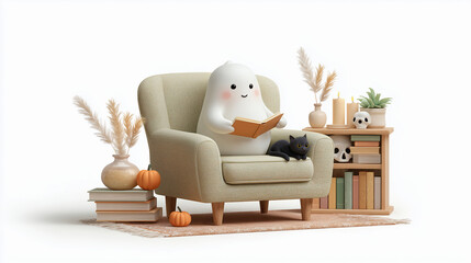 Cozy Autumn Reading Scene with Cute Ghost, Cat, and Fall Decor. This warm and inviting image is perfect for cozy fall themes, Halloween-inspired reading promotions, or charming lifestyle content.
