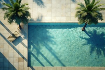 Aerial View of Luxurious Swimming Pool with Palm Trees and Sun Lounger