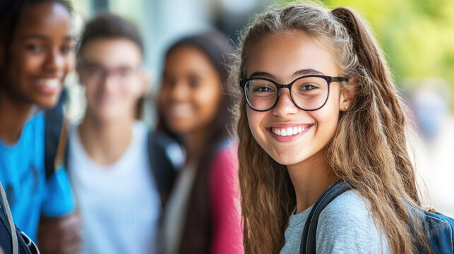 A young girl with long hair and glasses smiling in front of a group of friends.