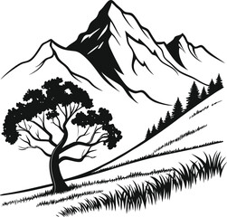 Mountain Road Scene with Trees, Black and White Silhouette