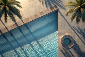 Aerial View of Luxury Swimming Pool with Palm Trees and Sun-Drenched Patio