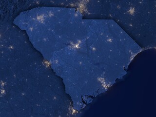 South Carolina as seen from space at night with visible state borders. Contains modified Copernicus Sentinel data 2025.