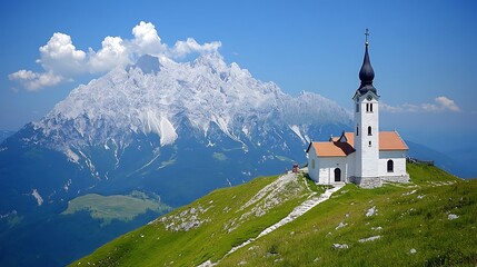 Fototapeta premium A picturesque mountain church perched atop a grassy knoll.