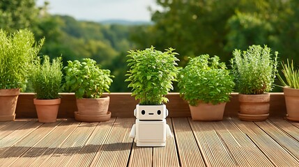 An array of herbs and foliage is presented on a wooden deck showcasing a robot-shaped planter.