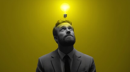 Professional Businessman in Suit Contemplating Breakthrough Idea with Glowing Lightbulb on Vibrant Yellow Background for Creativity, Innovation, Insight, and Genius Enlightenment in Corporate Vision