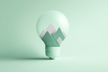 Innovative Light Bulb Design with Mountain Silhouette, Eco-Friendly Illumination Concept, Modern Sustainable Energy Inspiration, Green Technology, Nature and Environmental Consciousness Symbol