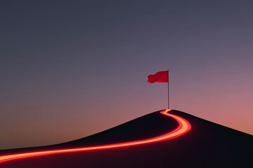 Vibrant Red Flag at Mountain Summit with Neon Glow at Dusk, Triumphant Achievement Symbol on Rugged Trail Peak, Successful Ascent Milestone in Scenic Evening Landscape, Inspiring Conquest Goal