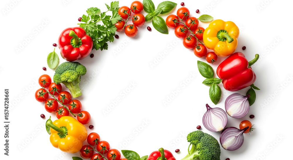 Poster colorful vegetables arranged in a circle on white background, creating a frame with free space for t